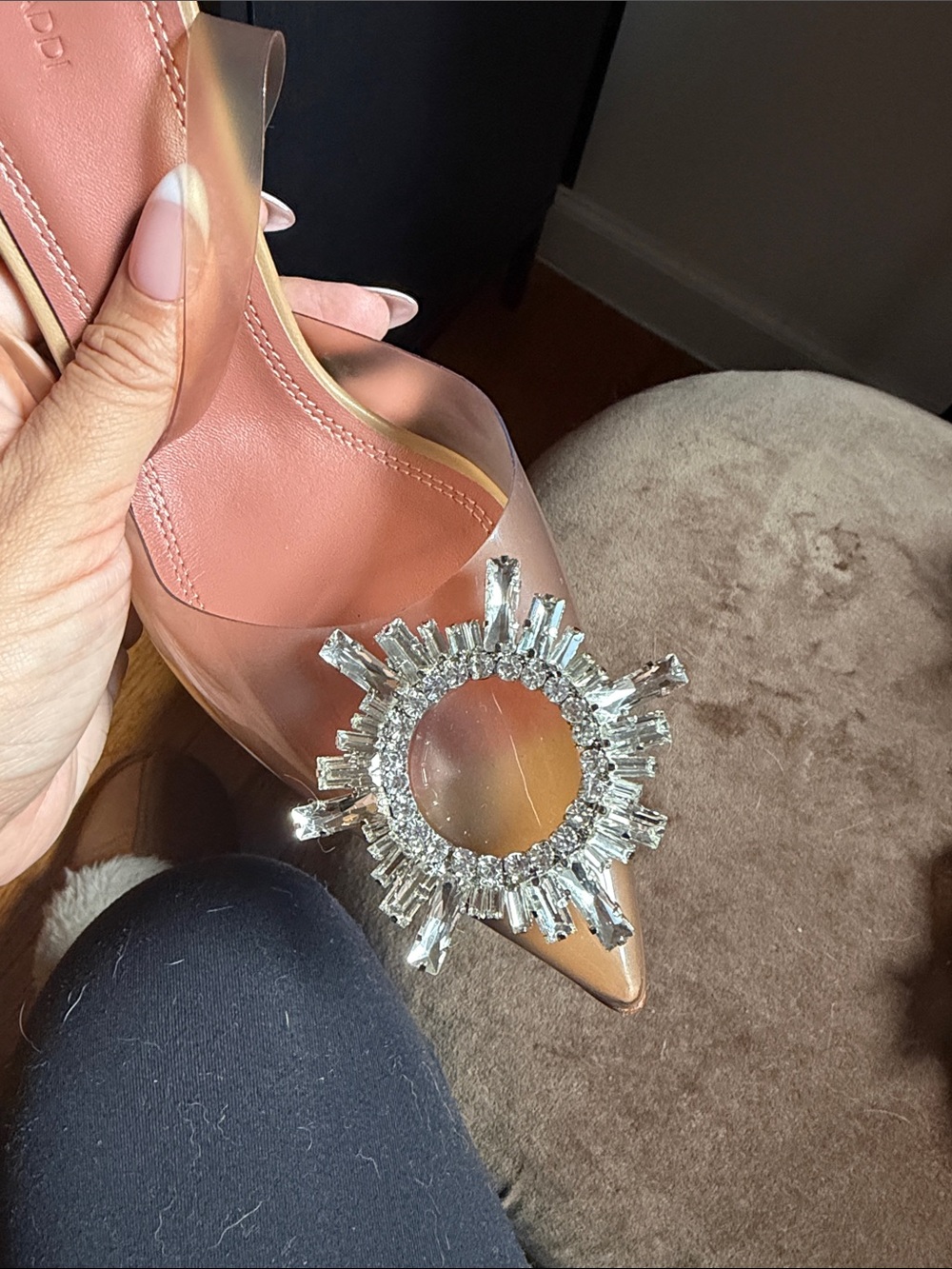 Amina Muaddi Pink Nude Crystal Sunburst Slingback Pumps - Picture 3 of 7